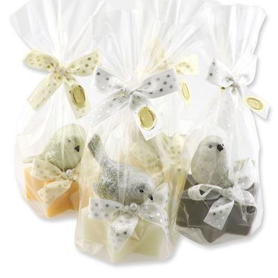 Sheep milk soap star 80g decorated with a bird in a cellophane bag, Classic/Swiss pine/Christmas rose 