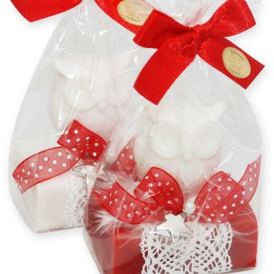 Schafmilchseife eckig 100g dekoriert mit Seifen Eule 50g in Cello, Classic/Granatapfel 