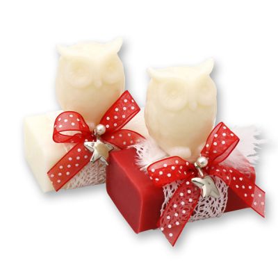 Schafmilchseife eckig 100g dekoriert mit Seifen Eule 50g, Classic/Granatapfel 