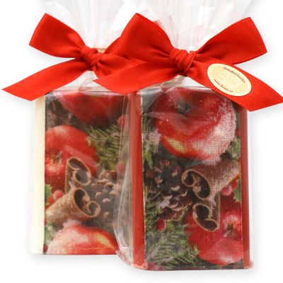Schafmilchseife eckig 100g dekoriert mit Dekoband in Cello, Granatapfel/Schneerose 
