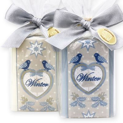 Sheep milk soap 100g, decorated with a christmas ribbon 'Winter' in a cellophane, Classic/ice flower 