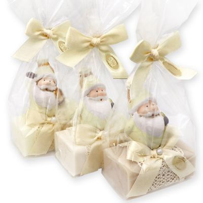 Schafmilchseife eckig 100g dekoriert mit Weihnachtsmann in Cello, Classic/Schneerose/Mandelöl 