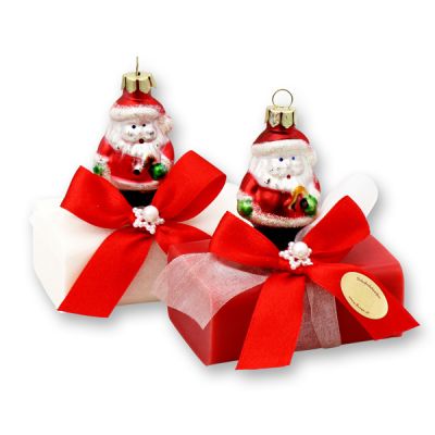 Schafmilchseife eckig 100g dekoriert mit Glas-Weihnachtsmann, Schneerose/Granatapfel 