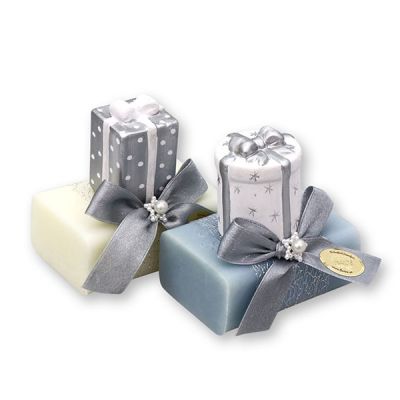 Schafmilchseife eckig 100g, dekoriert mit Geschenkspaket, Classic/Eisblume 