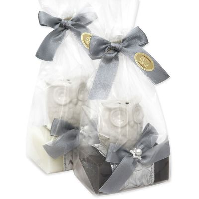 Sheep milk soap 100g decorated with an owl in a cellophane, Classic/christmas rose silver 