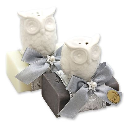 Sheep milk soap 100g decorated with an owl, Classic/christmas rose silver 