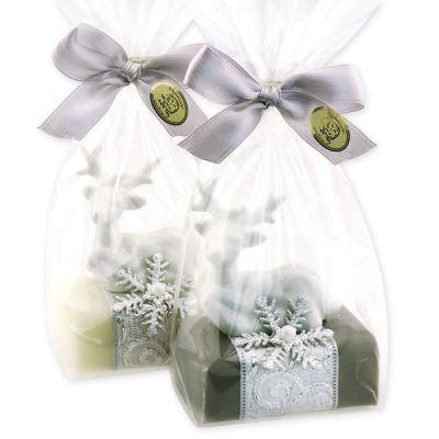 Sheep milk soap 100g decorated with a deer in a cellophane, Classic/christmas rose silver 
