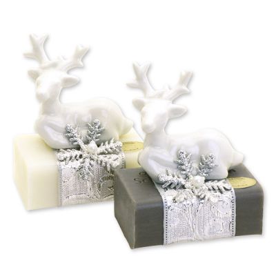 Sheep milk soap 100g decorated with a deer, Classic/christmas rose silver 