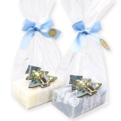 Sheep milk soap 100g, decorated with a christmas tree in a cellophane, Classic/ice flower 