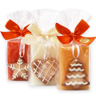 Schafmilchseife eckig 100g dekoriert mit Deko-Lebkuchen in Cello, Classic/Orange/Blutorange 