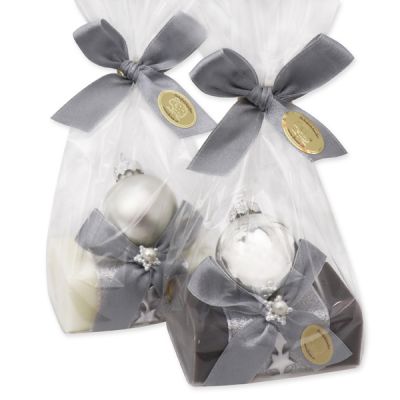 Sheep milk soap 100g decorated with a christmas ball in a cellophane, Classic/Christmas rose 
