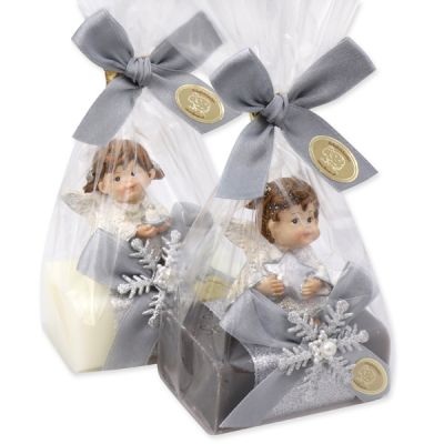 Sheep milk soap 100g decorated with an angel in a cellophane, Classic/christmas rose silver 