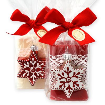 Schafmilchseife eckig 100g dekoriert mit Glasstern in Cello, Classic/Granatapfel 