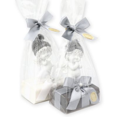 Sheep milk soap 100g decorated with an angel 'Igor' in a cellophane, Christmas rose white/silver 