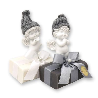 Sheep milk soap 100g decorated with an angel 'Igor', Christmas rose white/silver 