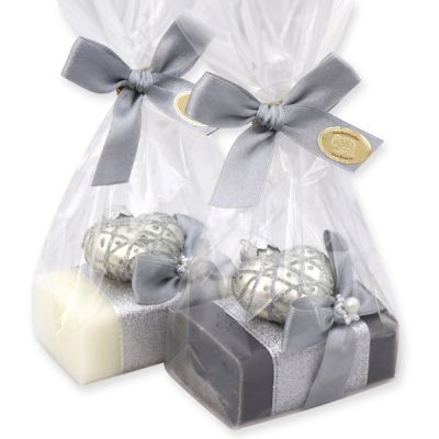 Sheep milk soap 100g decorated with a glass heart in a cellophane, Classic/Christmas rose 