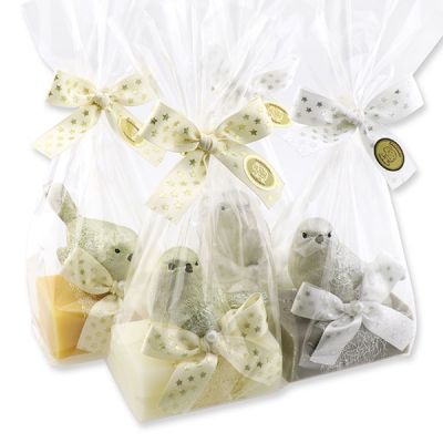 Sheep milk soap 100g decorated with an bird in a cellophane bag, Classic/Swiss pine/Christmas rose 