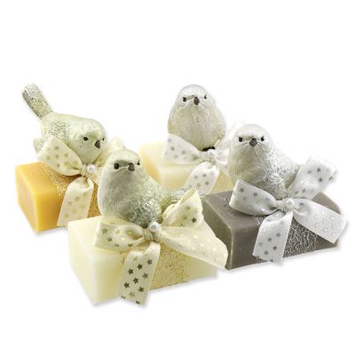 Sheep milk soap 100g decorated with an bird, Classic/Swiss pine/Christmas rose 