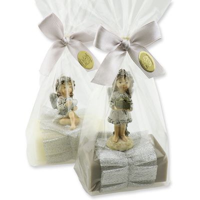 Sheep milk soap 100g decorated with an angel in a cellophane, Classic/christmas rose silver 