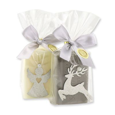 Sheep milk soap 100g decorated with a christmas motif in a cellophane bag, Classic/Christmas rose 