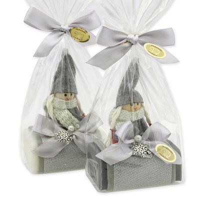 Sheep milk soap 100g decorated with a gnome in a cellophane, Classic/Christmas rose 