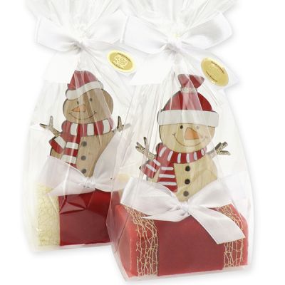 Sheep milk soap 100g decorated with a snowman in a cellophane, Classic/Pomegranate 