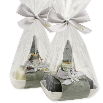 Sheep milk soap 150g on a soap dish decorated with felt gnome in a cellophane bag, Classic/christmas rose silver 