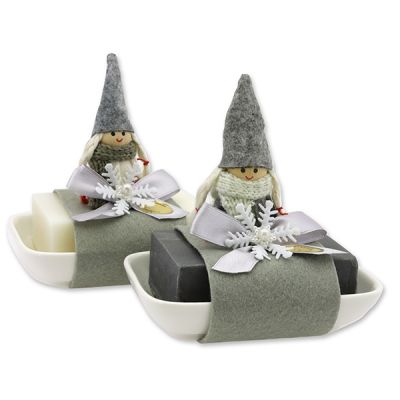 Sheep milk soap 150g on a soap dish decorated with felt gnome, Classic/christmas rose silver 