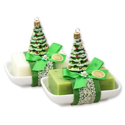 Sheep milk soap 150g on a soap dish decorated with a christmas tree, Classic/verbena 