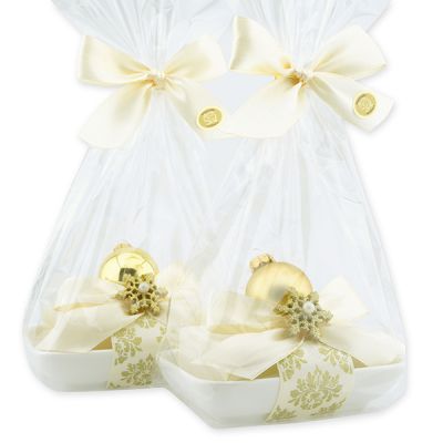 Schafmilchseife eckig 150g auf Seifenschale dekoriert mit Weihnachtskugel in Cello, Classic/Schneerose 