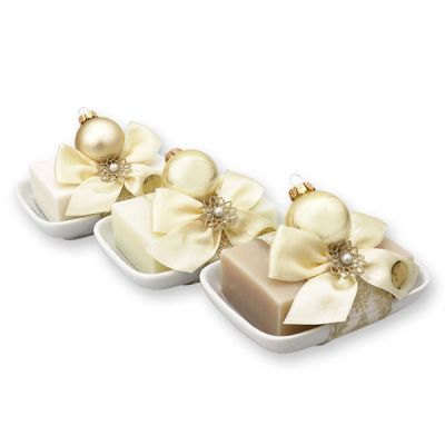 Sheep milk soap 150g on a soap dish decorated with a christmas ball, Classic/christmas rose/almond oil 