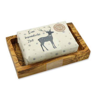 Sheep milk soap 150g "Colorful Holidays motif 1" on a soap dish, Swiss pine 