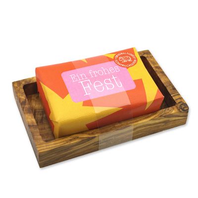 Sheep milk soap 150g "Colorful Holidays motif 12" on a soap dish, Tangerine-cinnamon 