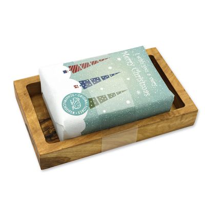 Sheep milk soap 150g "Colorful Holidays motif 16" on a soap dish, Christmas rose white 