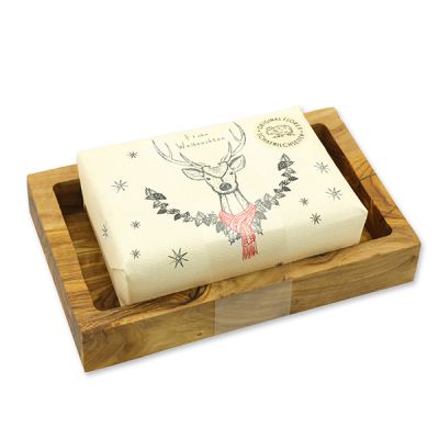 Sheep milk soap 150g "Colorful Holidays motif 19" on a soap dish, Swiss pine 