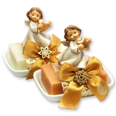 Sheep milk soap 150g on a soap dish decorated with an angel, Classic/Quince 