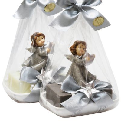 Sheep milk soap 150g on a soap dish decorated with an angel in a cellophane bag, Classic/christmas rose silver 