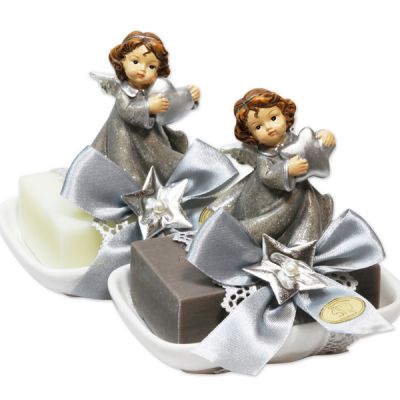 Sheep milk soap 150g on a soap dish decorated with an angel, Classic/christmas rose silver 