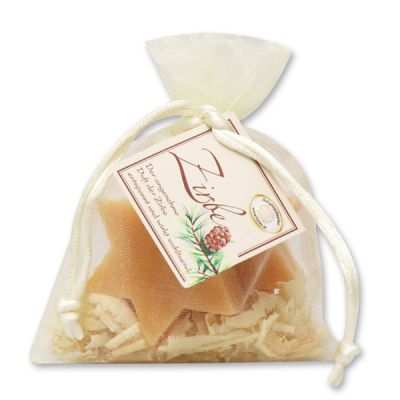 Sheep milk soap star 2x20g decorated with swiss pine shavings in organza, Swiss pine 