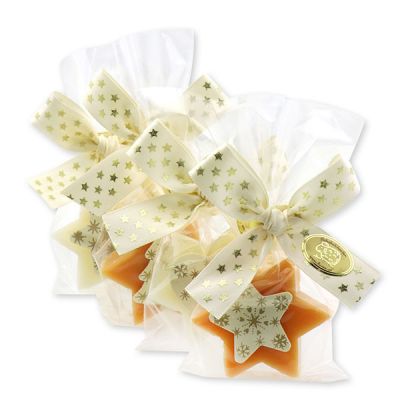 Schafmilchseife Stern 20g, dekoriert mit Weihnachtsmotive in Cello, Classic/Zirbe 