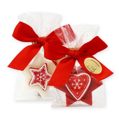 Sheep milk soap star 20g decorated with christmas decorations in a cellophane, Classic/Pomegranate 