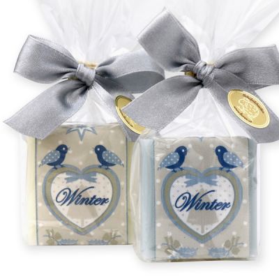 Sheep milk soap quadrat 35g, decorated with a christmas ribbon 'Winter' in a cellophane, Classic/forget-me-not 