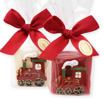 Schafmilchseife Quadrat 35g dekoriert mit Lokomotive in Cello, Classic/Granatapfel 