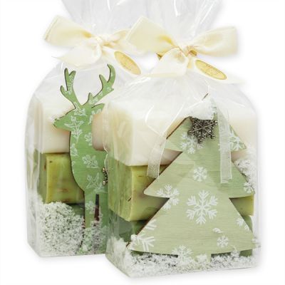Schafmilchseife eckig 100g dekoriert mit Tannenbaum und Hirsch in Cello, sortiert 