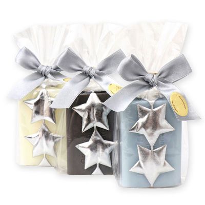 Sheep milk soap 100g, decorated with a silver star-ribbon in a cellophane, sorted 
