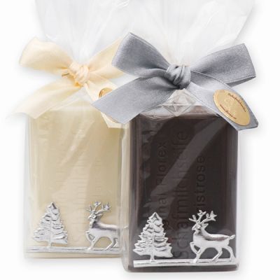 Sheep milk soap 100g decorated with a silver 'forest'-ribbon in a cellophane, Classic/Christmas rose 