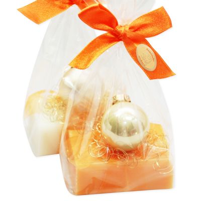 Sheep milk soap 100g decorated with a gold christmas glass ball in a cellophane, Classic/Orange 