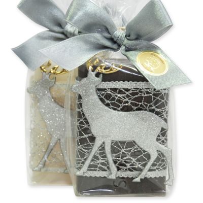 Sheep milk soap 100g decorated with a glittering deer in a cellophane, Classic/Christmas rose 
