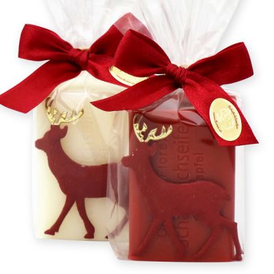 Schafmilchseife eckig 100g dekoriert mit Filzhirsch rot in Cello, Classic/Granatapfel 