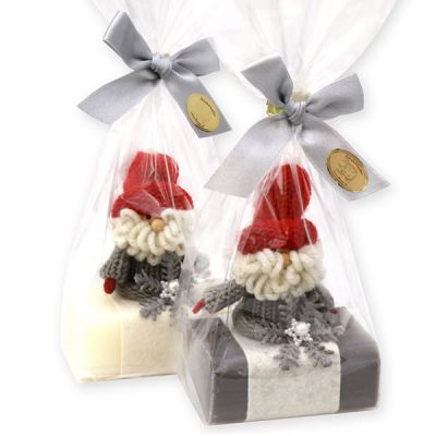 Sheep milk soap 100g decorated with gnome in a cellophane, Classic/christmas rose silver 